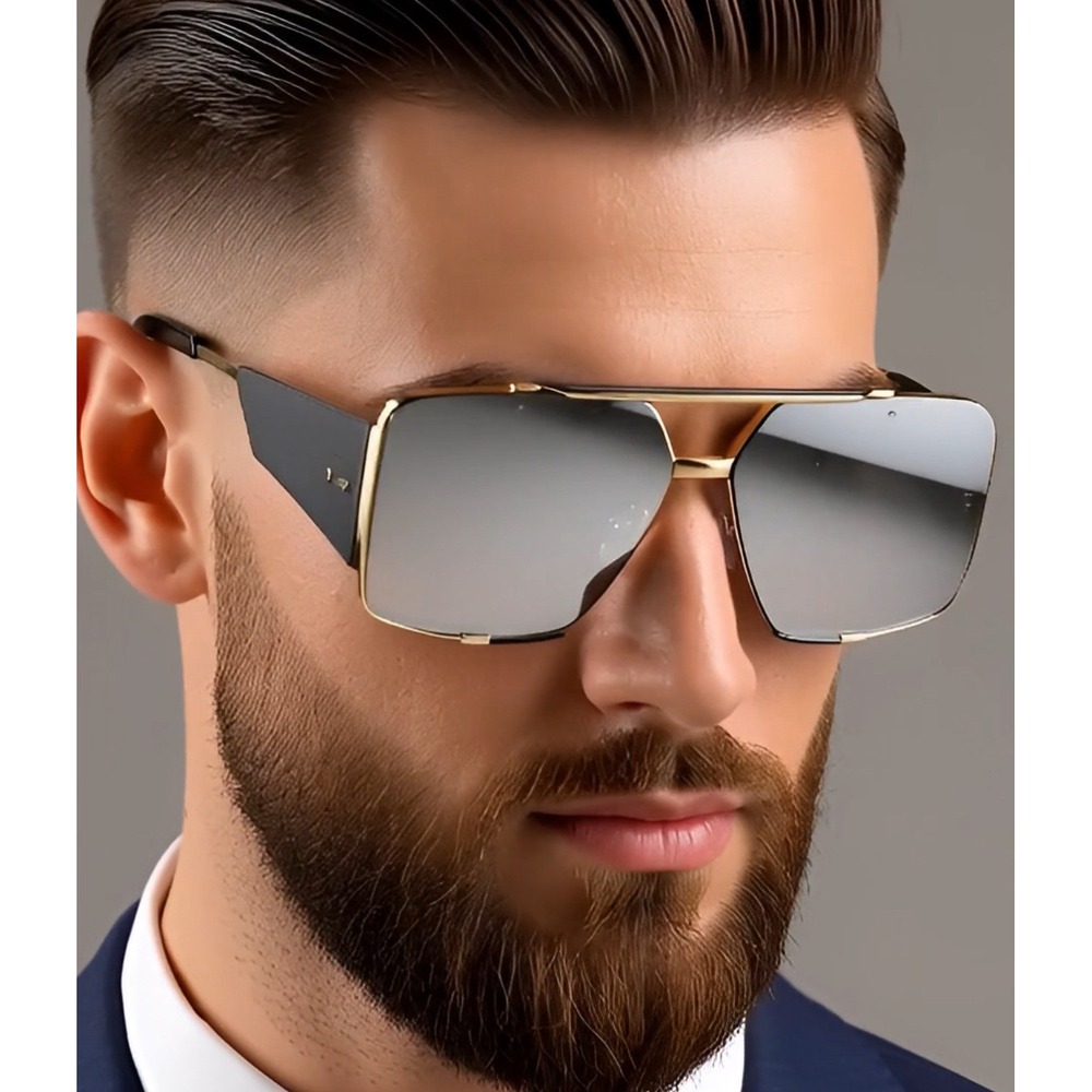 Square Sunglasses Gold Frame‎ Silver Mirror Lens Fashion Men Beach Street Wear